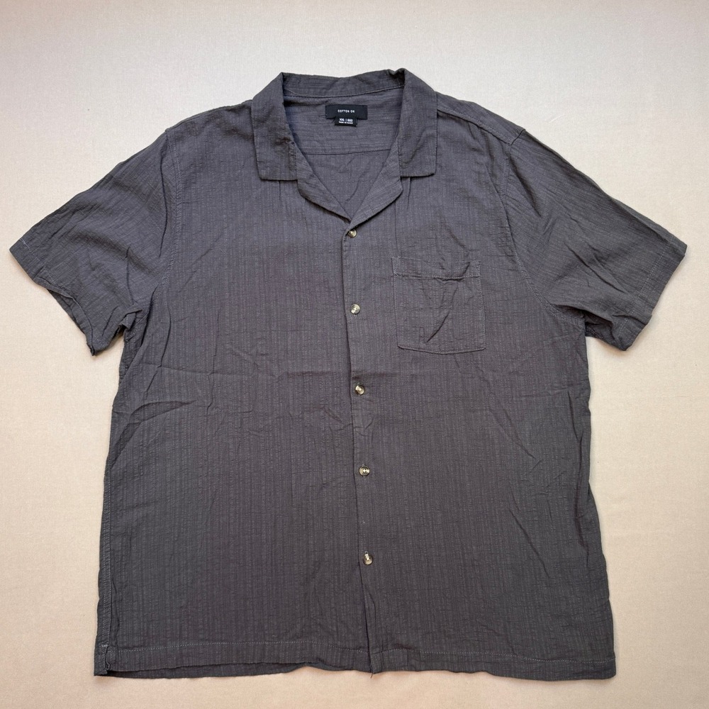Cotton On Mens XXL Charcoal Grey Textured Short Sleeve Camp Collar Button Shirt